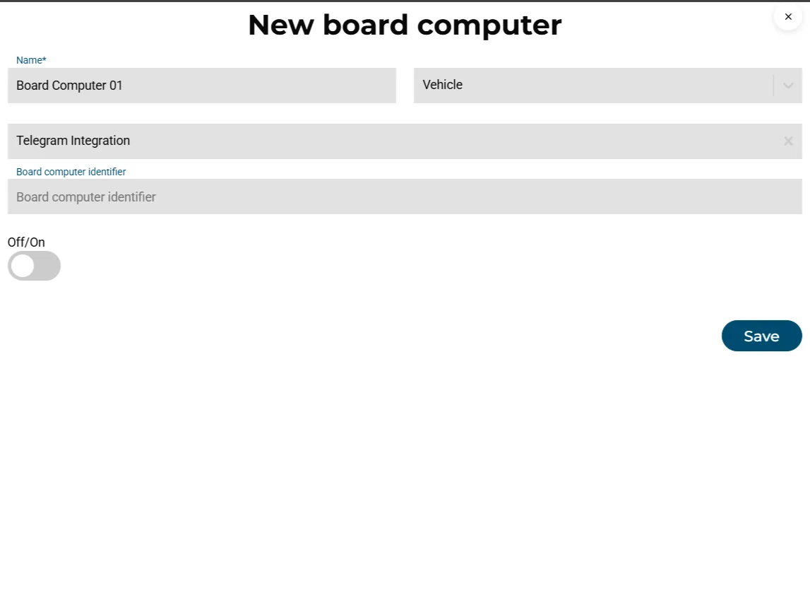 New board computer dialog linking a telematics provider and identifier to a vehicle