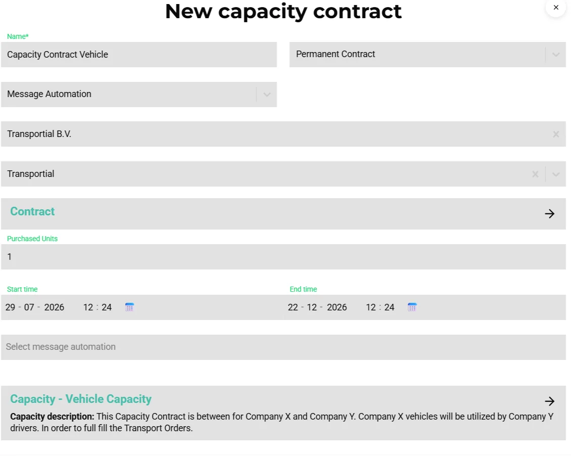 New capacity contract form with name, permanent contract type, message automation communication method, business, contract period and a vehicle capacity entry