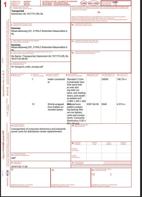 A CMR consignment note generated by Transportial, filled with sender, consignee, goods description, weights, volumes and HS code from the transport order
