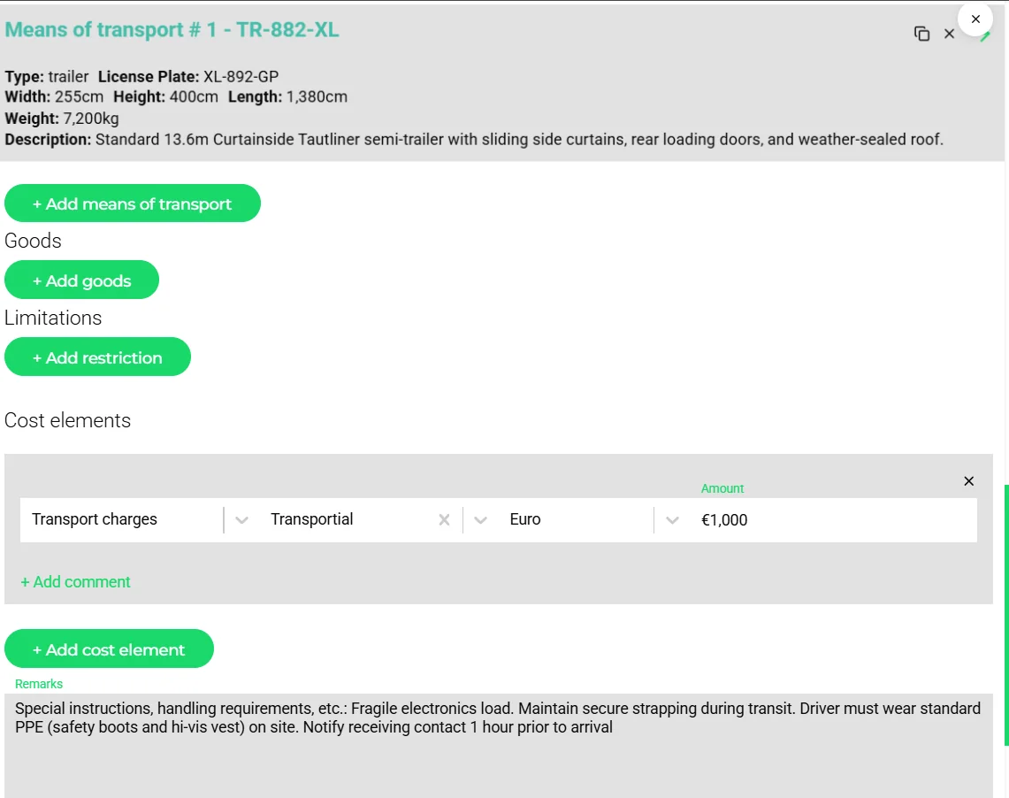 Cost elements section of an order with a transport charges line for a business in euros, and buttons to add means of transport, goods, restrictions and cost elements