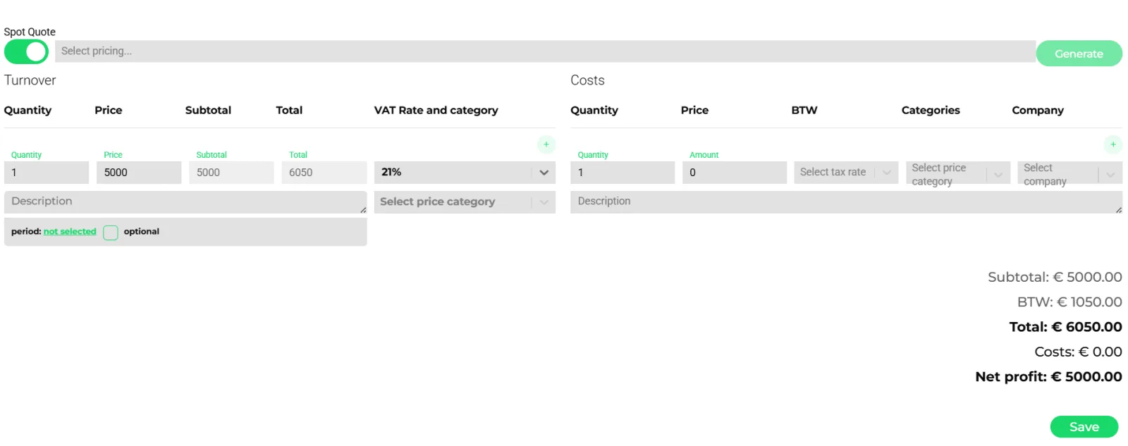 Quote creation screen in Transportial with turnover and cost line items, VAT rates, a pricing generator, and a live subtotal, VAT, total and net profit summary