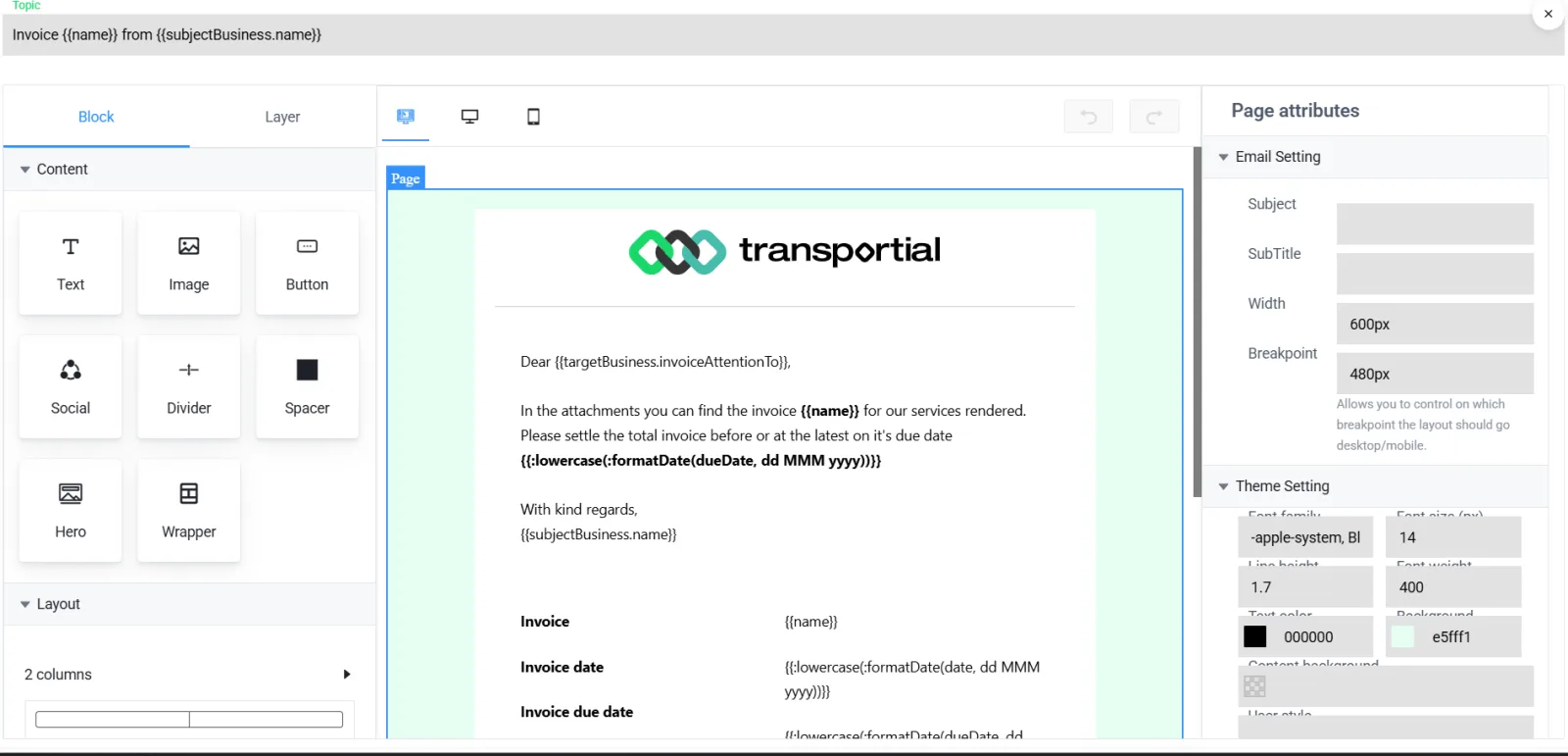 Drag-and-drop email template designer in Transportial showing a branded email with variable placeholders, content blocks, and desktop and mobile preview options