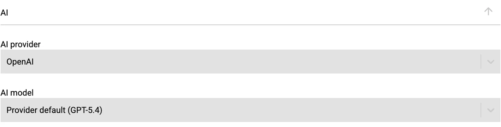 Der Bereich KI mit der Auswahl von KI-Anbieter und KI-Modell