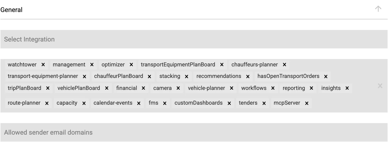 Der Bereich Allgemein mit der E-Mail-Integration, der Liste aktivierter Funktionen und erlaubten Absender-E-Mail-Domains
