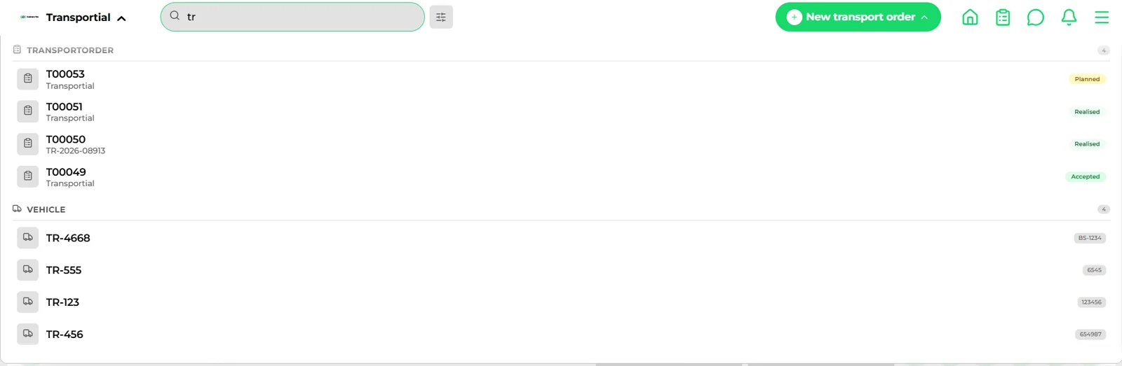 Global search dropdown listing transport orders and vehicles matching the typed text with their statuses