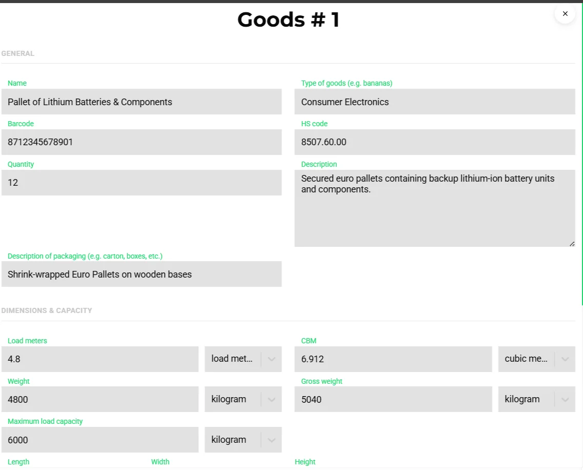 Goods line form with name, type of goods, barcode, HS code, quantity, packaging, load meters, CBM, weight and gross weight