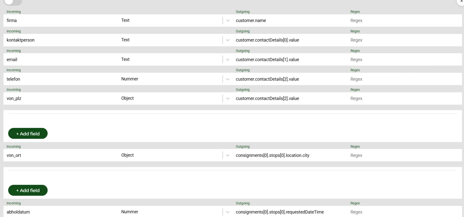 Transportial integration data-mapping screen pairing incoming source fields such as company name, contact person and email with target fields on the Transportial data model, including nested consignment and stop locations.