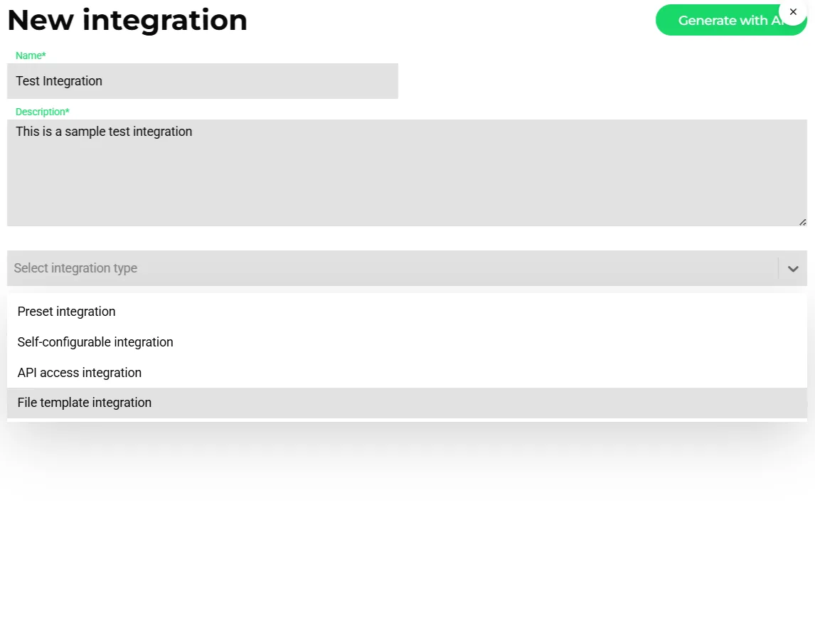 New integration dialog in Transportial with a dropdown listing the available integration types: preset, self-configurable, API access and file template, next to a Generate with AI option.