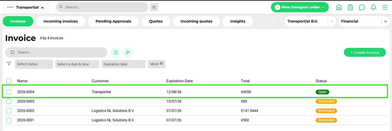 Invoice list with statuses and totals