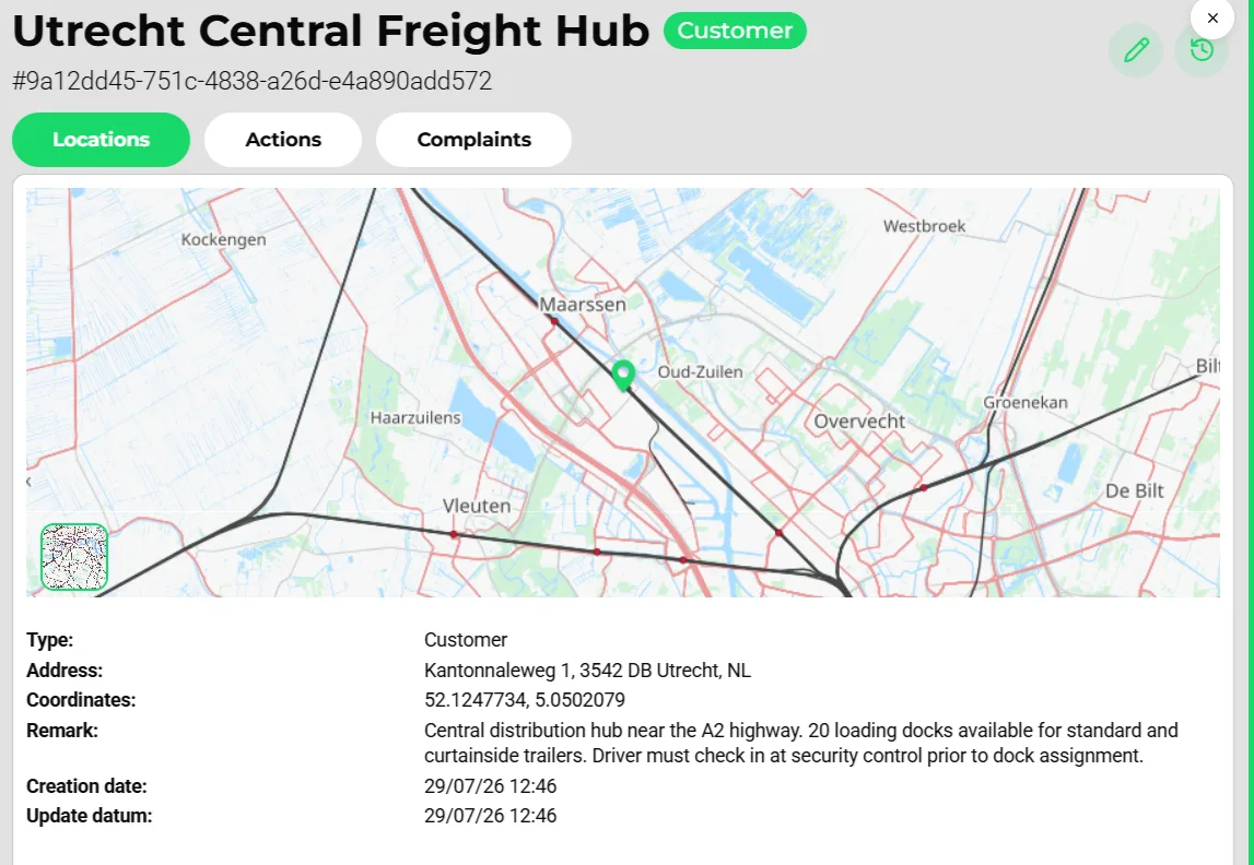 Location detail page with a map pin for a freight hub in Utrecht, full address, coordinates and driver instructions in the remarks field