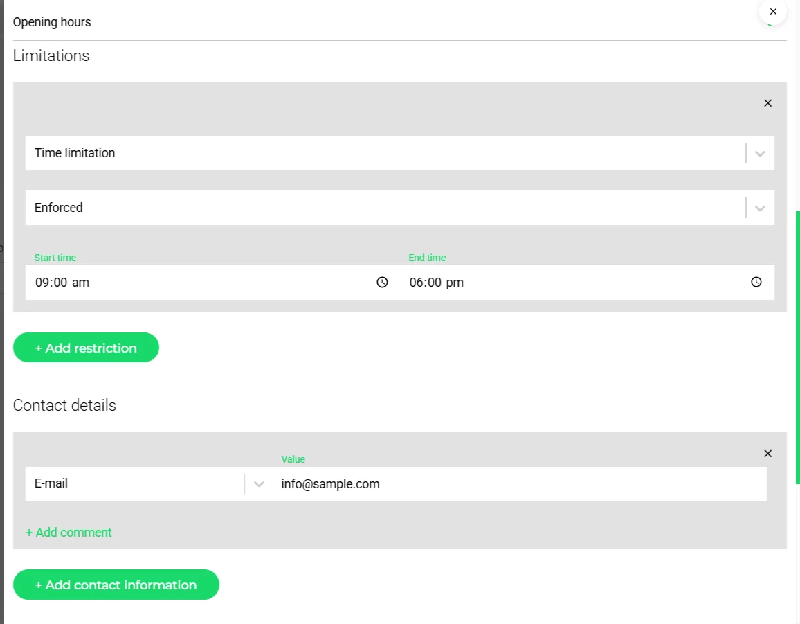 Formularbereich eines Standorts mit Öffnungszeiten, einer als verbindlich markierten Zeiteinschränkung von 09:00 bis 18:00 Uhr und Kontaktdaten mit E-Mail-Adresse