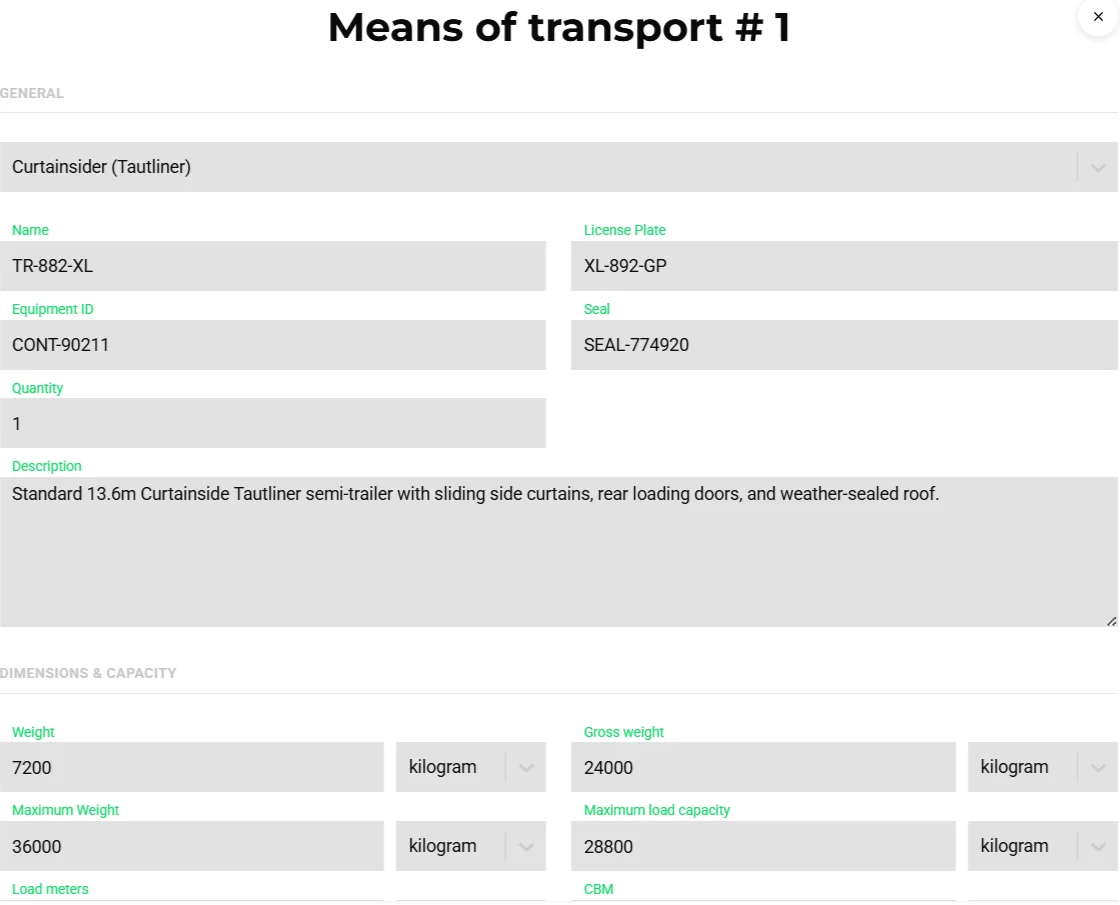 Means of transport form on an order with type curtainsider, name, licence plate, equipment ID, seal, quantity and description