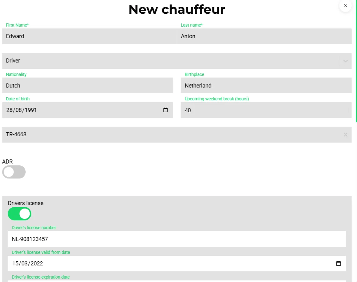 New chauffeur form in Transportial with name, driver role, nationality, weekend break hours, linked vehicle, ADR toggle and driving licence details