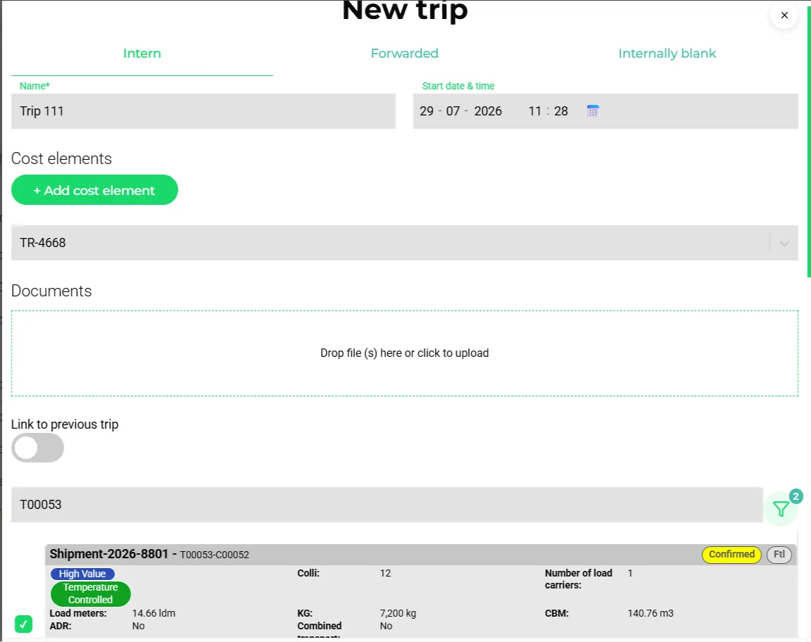 New trip modal with trip name, start date, vehicle selection, cost elements, a document upload zone and a matching shipment suggestion