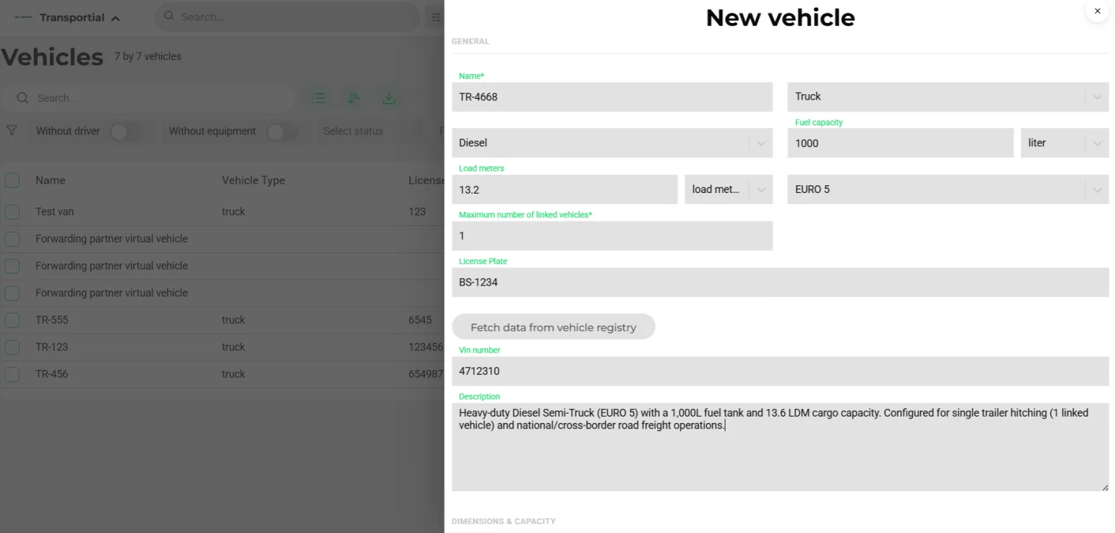 New vehicle form with vehicle type, fuel, load capacity, load meters, emission class, licence plate, VIN and a button to fetch data from the vehicle registry