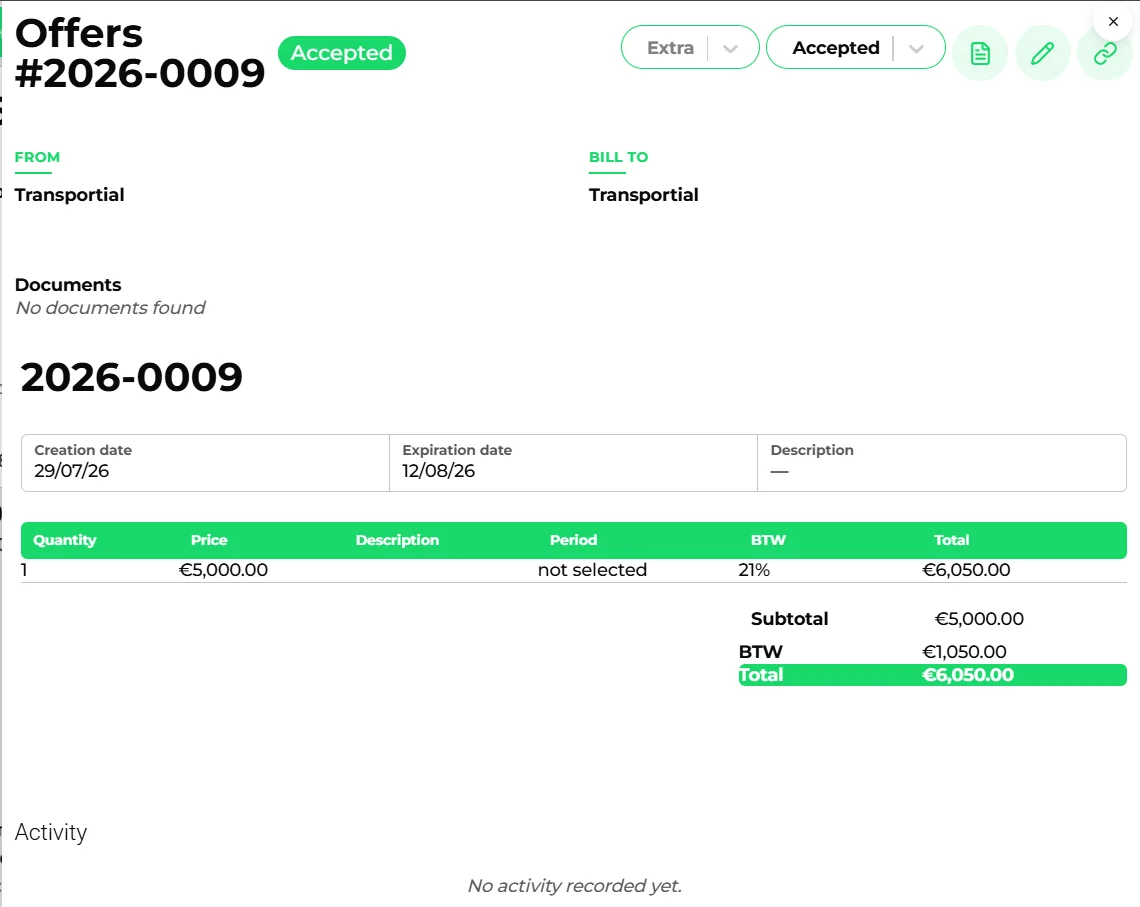 Accepted quote detail with from and bill-to, documents, dates, a line with price and period, subtotal, VAT and total