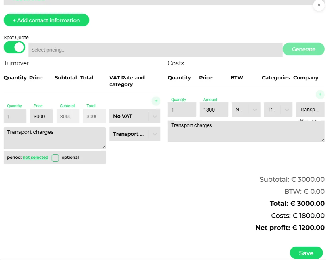 Quote form on an order with a spot quote toggle, turnover and costs tables, VAT and totals