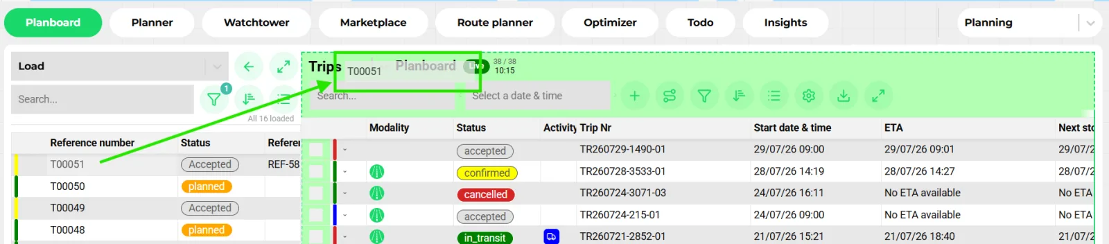 Plan Board showing a load being dragged onto the trips panel, which highlights green as a valid drop target