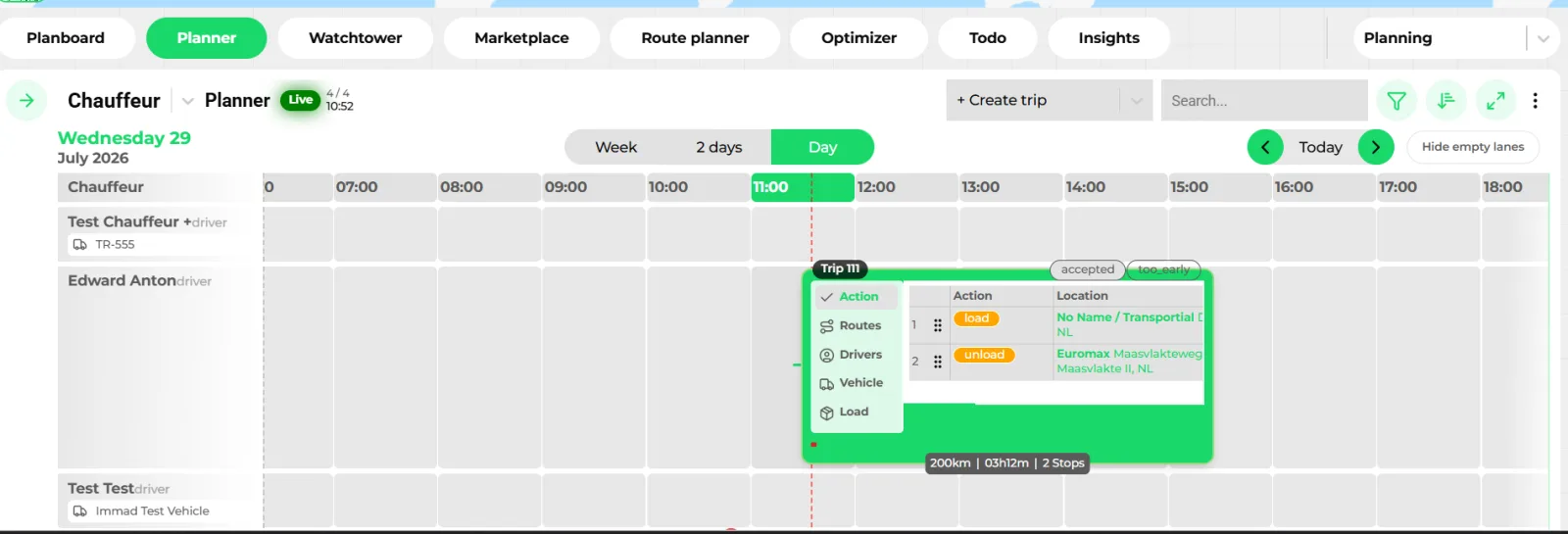 Plan Board day view with driver lanes and an expanded trip card showing its stops, route, distance of 200 kilometres and driving time