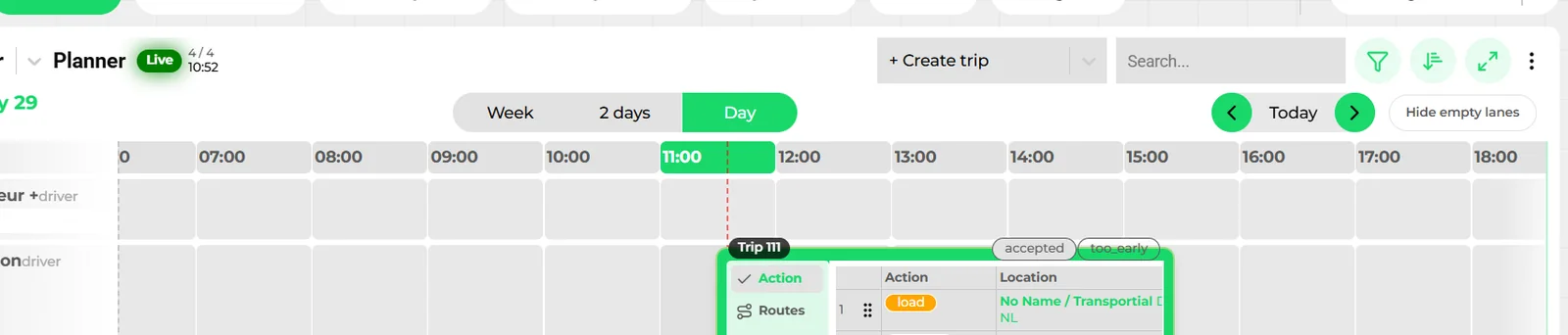 Planner timeline with a green trip block and its popover showing actions, route, drivers, vehicle and load
