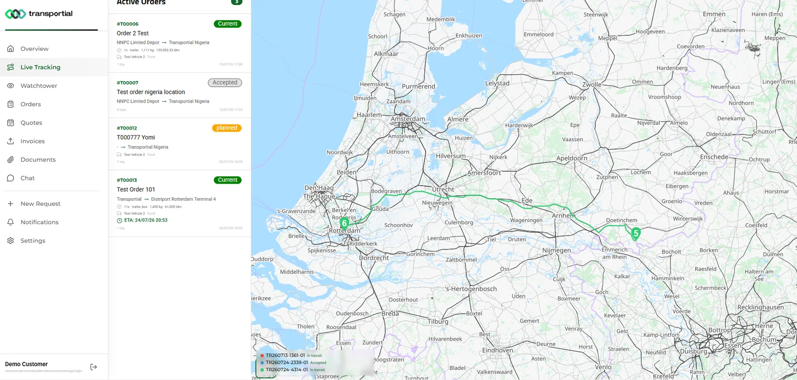 Customer portal live tracking page with active orders listed on the left and their routes and vehicle positions drawn on a map of the Netherlands