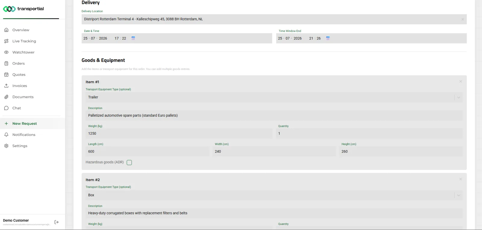 Customer portal transport request form with delivery location, time windows, and a goods section listing items with weights and dimensions