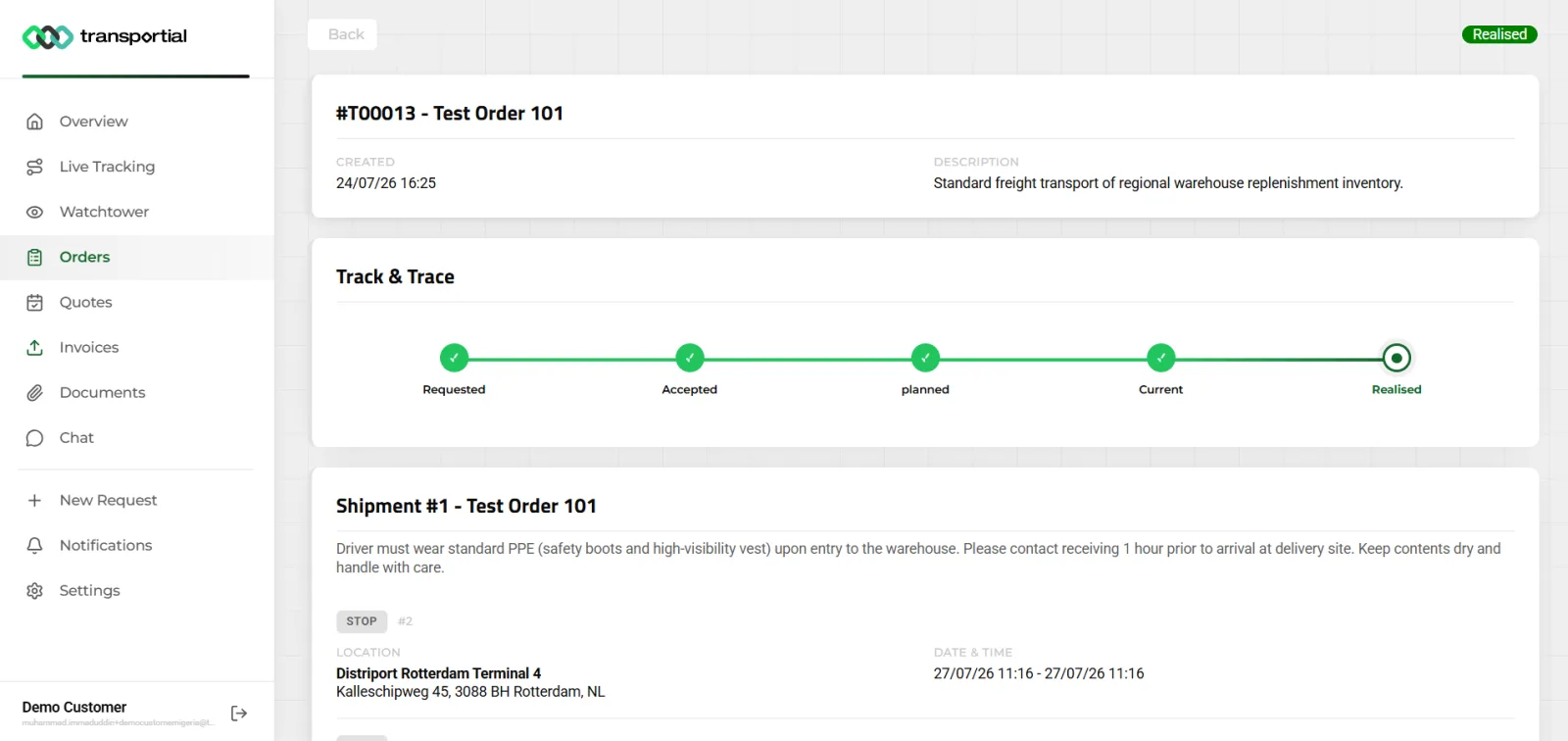 Customer portal order view with a five-step track and trace progress bar from requested to realised, and shipment stop details with locations and timestamps