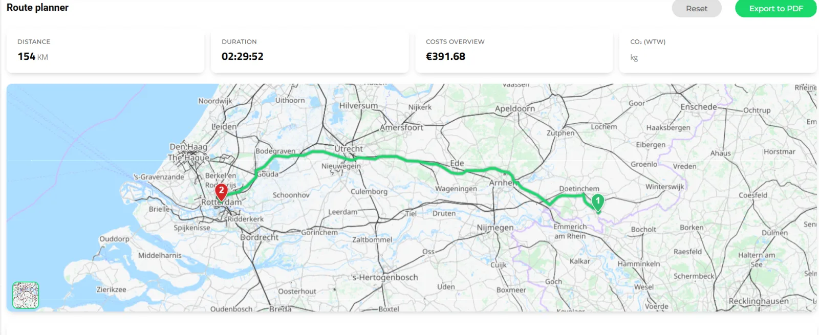 Route planner showing distance, driving time and cost tiles above a map of the Netherlands with a calculated truck route
