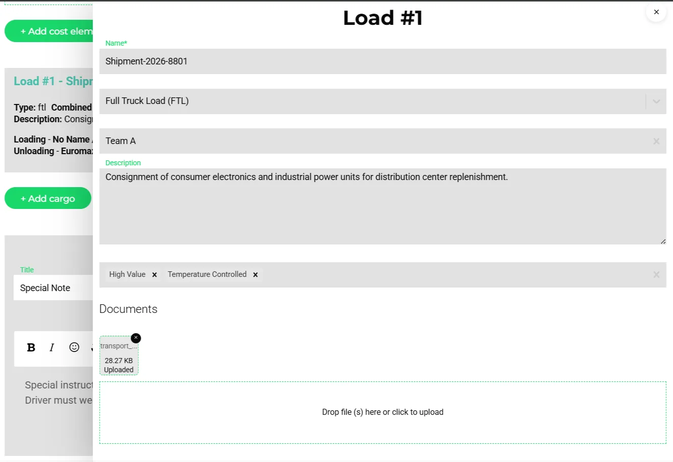 Load entry modal on a transport order with shipment name, full truck load type, description, cargo attribute tags and an attached document