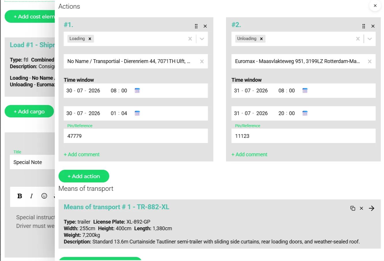 Transport order actions section with a loading and an unloading stop, each with address, date and time window, reference codes and an assigned curtainside trailer