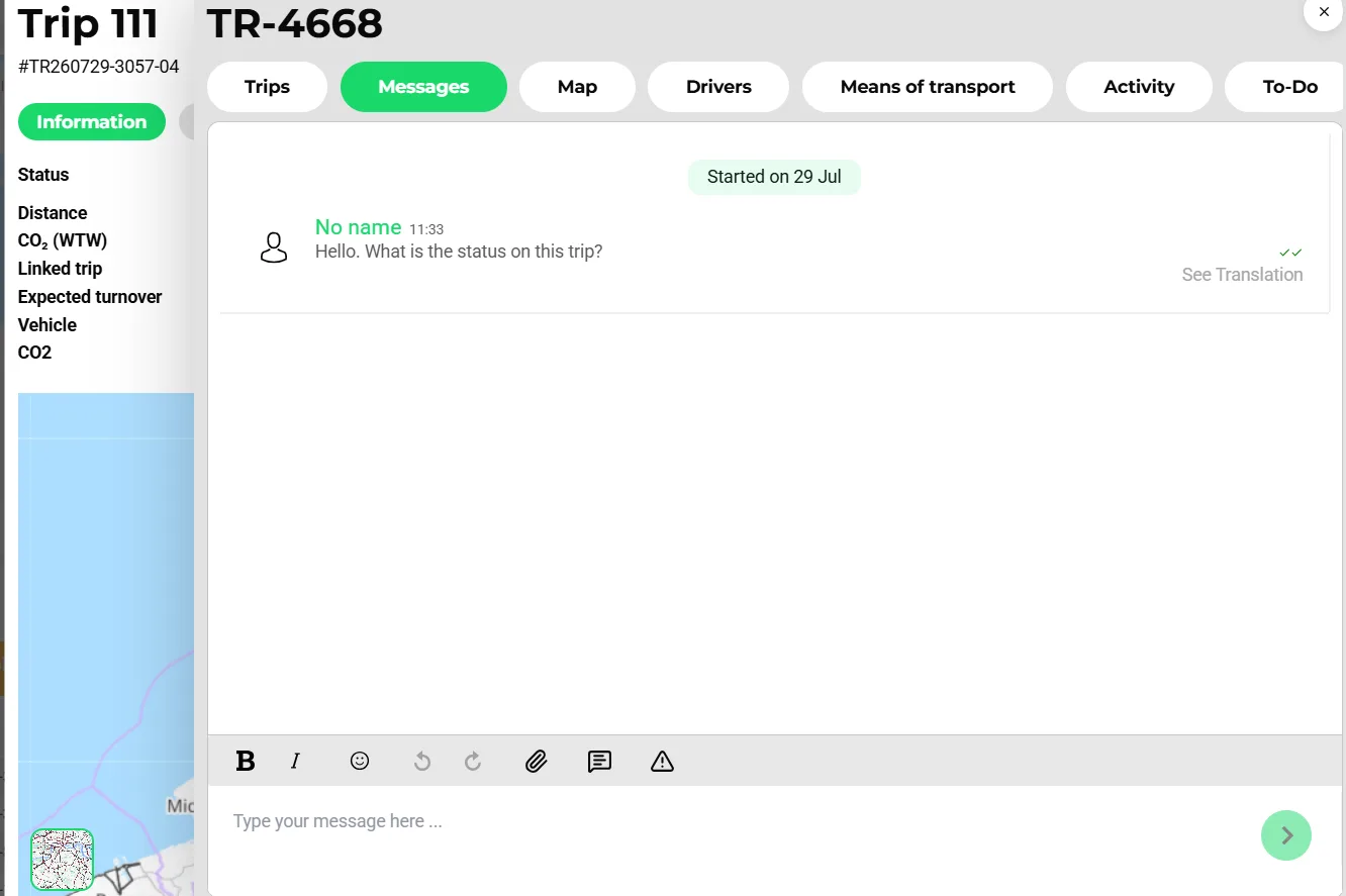 In-app chat thread on a trip detail screen in Transportial with read receipts, a translation link and a rich-text message composer