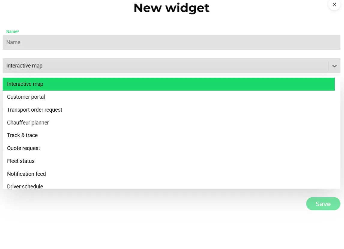 Widget type selection in Transportial listing embeddable widgets such as interactive map, customer portal, transport order request, track and trace and quote request